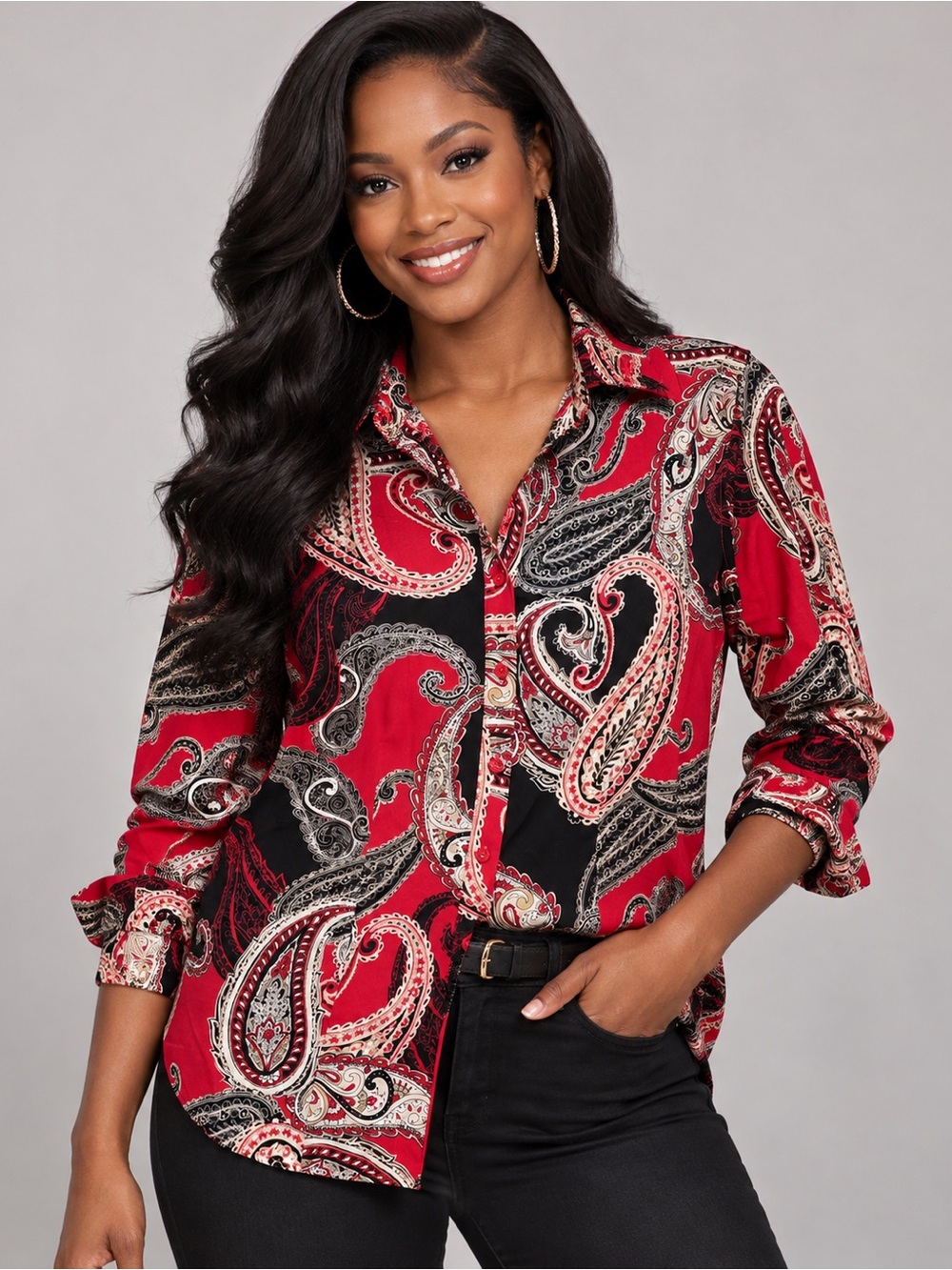 Chico’s Red Paisley Button Front Blouse Long Sleeve Lightweight Top size M